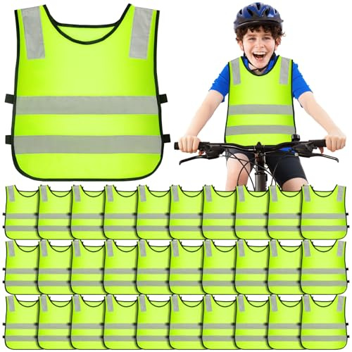 YFNVH Lot de 30 Gilets de Sécurité Enfant - Gilet Jaune Fluo Réfléchissant - Haute Visibilité pour Sortie Scolaire, Vélo, École & Groupe - Bandes Élastiques (3–9 ans)