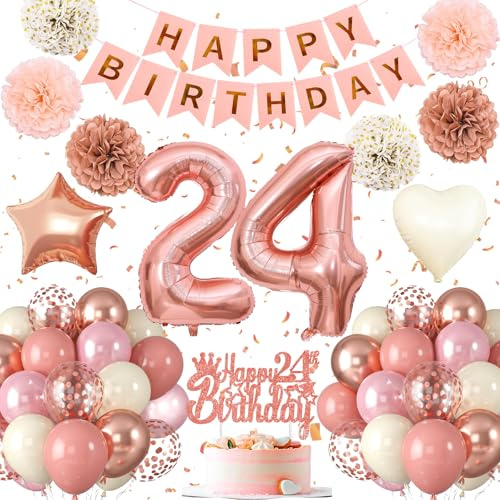 24.Geburtstag Dekoration,24 geburtstag Frau Rosa Rosegold,Geburtstagsdeko 24 jahre Frau,Luftballons 24.geburtstag Happy Birthday Girland Ballon 24 Deko zum Geburtstags,Geburtstagsdeko 24 Jahre