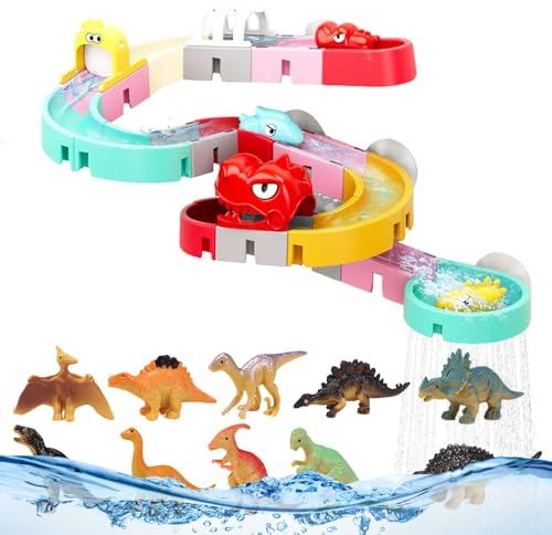 YANGUN Badewannenspielzeug ab 3 4 5 6 Jahre, Badespielzeug für Kinder, 42 Stück DIY Kugelbahn Wasserspielzeug Kinder mit Saugnäpfe, Achterbahn Dinosaurier-Spielzeug, Kreativer Badespaß Geschenk