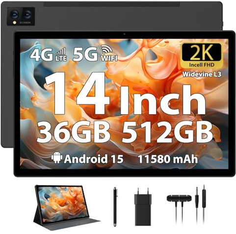 LEVIRTU Tablet 14 Pulgadas Android 15 Tableta 2K FHD 36GB+512GB/TF 2TB, Octa-Core, 11580mAh, Dual SIM 4G LTE+5GWiFi, 4 Altavoces/GPS/13MP Cámara/BT5.0 Funda/Pen, Negro