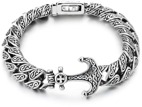 COOLSTEELANDBEYOND Bracelet Ancre Pour Homme en Acier Inoxydable – Style Viking Nautique Avec Chaîne Gravée Tribale