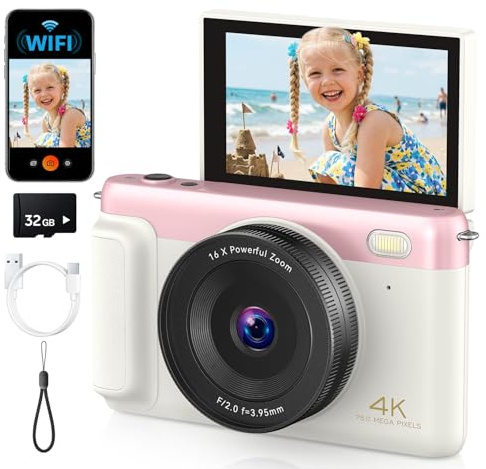 4K Digital Camera for Photography, 75MP WiFi Vlogging Camera for YouTube, 3'' 180° Flip Screen, Anti Shake Auto Focus 16X Zoom, 2500 mAh Battery, Point and Shoot Cameras for Kids Beginner, 32GB, Pink