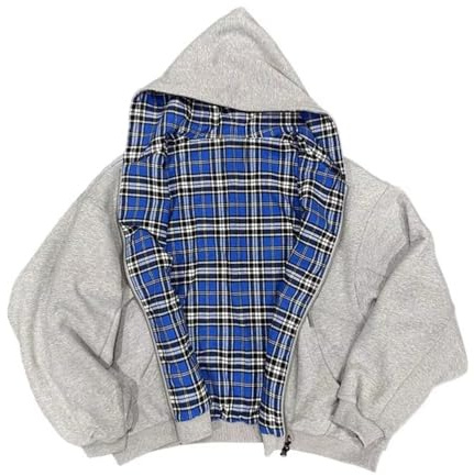 Men Oversized Reversible Hoodies Women Plaid Print Jacket Streetwear Zip up Hooded Sweatshirt Unisex Blue