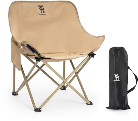 Qunature Silla Plegable de Camping, Plegable, Portátil y Ligera, Caqui | Cómoda y Resistente con Asa, Bolsillo Lateral y Bolsa de Transporte, 120Kg Capacidad de Carga para Picnic, Senderismo, Pesca