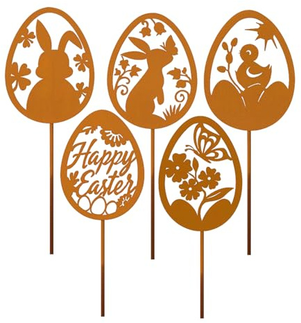 PIujsym 5 Stück Gartenstecker Ostern Set, Rost Optik Ostereier, Osterdeko für Draußen, Osterhase Deko, Gartendeko Metall, Wetterfeste Frühlingsdeko Outdoor, Osterdeko Garten, Deko Ostern