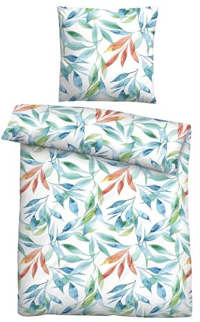 Traumhaft schlafen - Castell - Markenbettwäsche Seersucker Bettwäsche 155x220 cm, 100% Baumwolle, kühlend & bügelfrei, Reißverschluss, Sommerbettwäsche, Blätter Floral, bunt, Modell 0020763