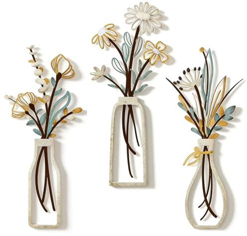 Nimblyne Set med 3 väggblommor i metall - Flerfärgade väggskulpturer - Minimalistiska blommor i en vas - Väggkonst i gjutjärn för vardagsrum, sovrum, badrum - 35 x 15 cm
