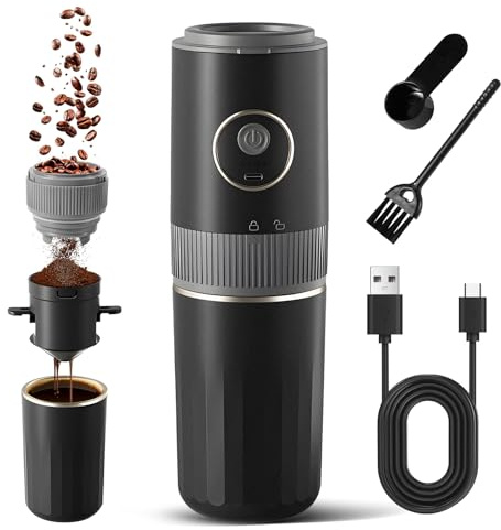 SOPPY Grind & Brew All-in-One Portable Coffee Maker, Electric Grinder with One-Touch Start, Adjustable Grind Size & 304 Stainless Steel Cup, Perfect for Home, Car & Outdoor, Black