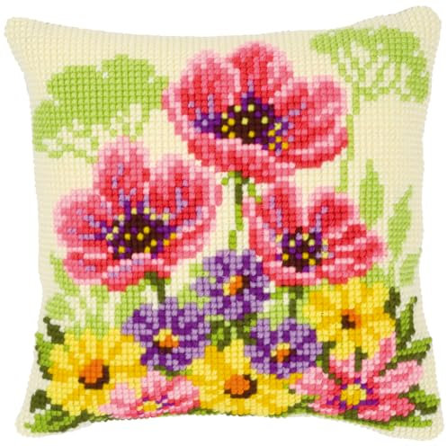 Vervaco Kreuzstich Stickpackungen Kissen Stickerei Set Anfänger Vorgedruckt Blumenbeet m. Mohnblumen DIY Set Kreativ Set Für Erwachseneca. 40 x 40 cm Bastelset Handwerker Haus Dekoration