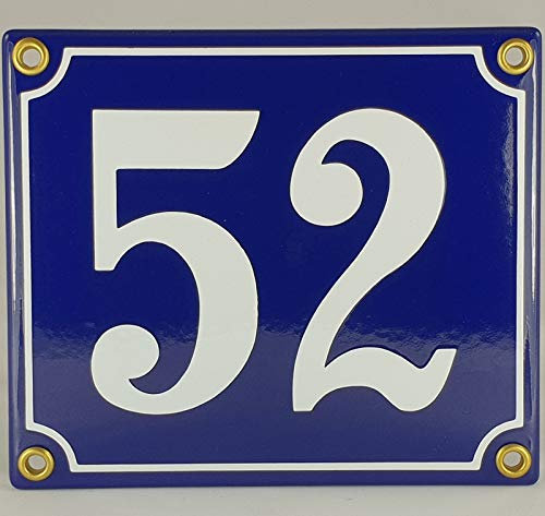 Hausnummer Emaille Schild Nr. 52 Blau-Weiß Handarbeit mit Schrauben und Dübel zur Montage