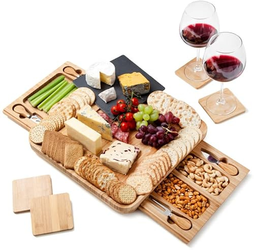 PLANET JN Bamboo Cheese Board and Knife Set with Slate Plate - Charcuterie Serving Wooden Tray