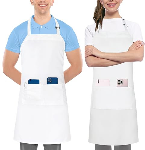 Utopia Kitchen 2 Pack Tablier de cuisine pour hommes et femmes - Tablier de barbecue avec 2 poches et des bretelles réglables, idéal pour le barbecue, le restaurant, le café et le jardinage, Blanc
