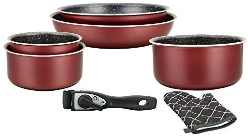 Herzberg - Batterie de Cuisine - Lot de 3 Casseroles Induction et 2 Poêles Antiadhésives en Aluminium Forgé - Poignées Amovibles - Gant de Cuisine Inclus - Compatible Tous Feux - Bordeaux
