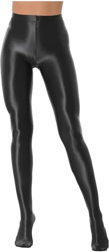 Aislor Damen Glänzende Strumpfhosen Transparent Leggings Nylon Dessous High Waist Yoga Sport Tanz Hose Slim Fit Pants Sporthosen Schwarz M
