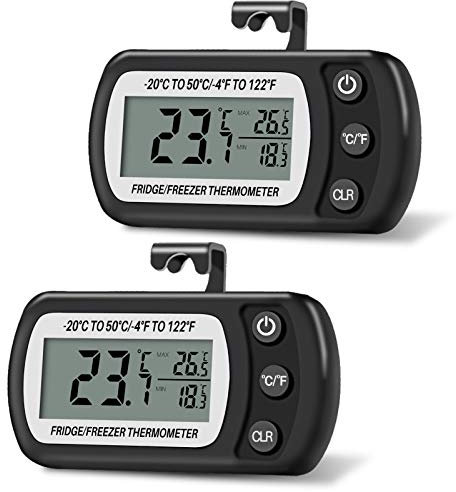 Thlevel Termómetro para Frigorífico Termometro Digital Casa Congelador Medidor de Humedad Impermeable con Gancho Función de Registro Máximo Mínimo Negro 2PCS