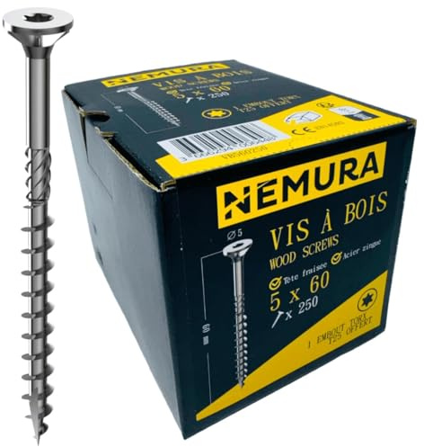 Nemura Lot de 250 Vis à Bois 5 x 60 mm - en Acier Zingué à Tête Fraisée - vis à bois Torx - Visses Spéciales pour Bois et Aggloméré- Haute Qualité Durable - Marque Francaise