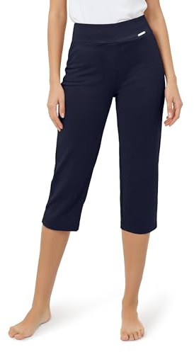 Tapata Pantaloni Donna 3/4 Vita Alta Elastico Tinta Unita Casual Estivi Comodi, Blu Navy, S