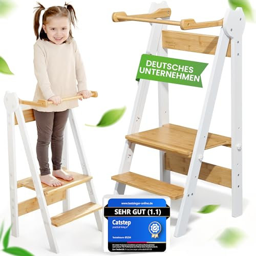 practical living e* Lernturm Montessori Platzsparend und höhenverstellbar aus Bambus mit Kippschutz für Kinder ab 1 Jahr (Klappbar) Learning Tower, Tritthocker, Learning Tower, Schemel für Kinder