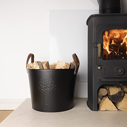 CHARLES BENTLEY Bucket, Snug, Mulberry, Wood Bucket, Timeless Style, Iron, Large Bucket, 6kg Capacity, Real Leather, Iron, Log Bucket, Timeless Style, Contrasting Colour Handles (36x35x31cm)