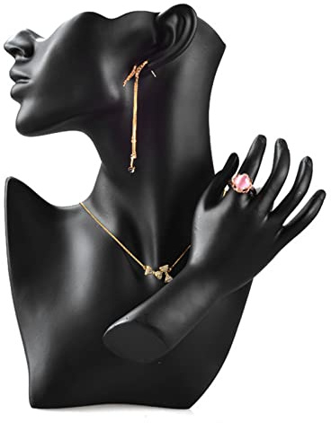 Schaufensterpuppe, Büste Ständer Organizer, schwarzes Kunstharz, Schmuck Mannequin Display Set, Ohrring Halskette Ring Display Ständer für Shop, Fotorequisit für Halsketten