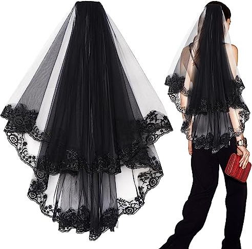 Fulenyi Halloween Mesh Schleier für Frauen Schwarz Spitzenschleier für Gothic Kostü Schleier Gothic Kostü Hochzeit Brautdusche Lange Schwarze Netzschleier für die Leistung von, 1, 1