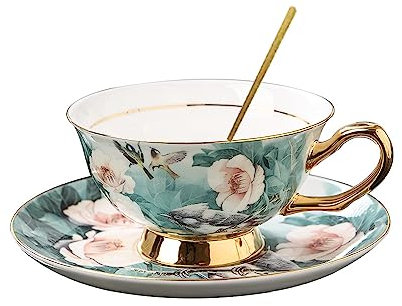 Jiotouhu Tasse à Thé Anglais Tasse à Café en Porcelaine à la Cendre d’Os avec Soucoupe Cuillère, pour le Thé et le Café, pour le Petit Déjeuner, la Maison et la Cuisine