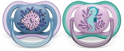 Philips AVENT ultra air Schnuller - 2er Pack, BPA-freier, atmungsaktiver Schnuller für Babys von 6-18 Monaten, inklusive Transport- und Sterilisationsbox, Seepferdchen/Kugelfisch (Modell SCF085/61)