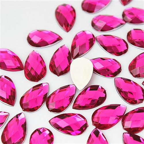 JUKIJI 100 Stück 8 * 13 mm bunter Flatback-Tropfen-Acryl-Strassstein, Kristall und Steine, Kostüm-Strass für DIY-Kleidung, Basteln, WC762-Fuchsia