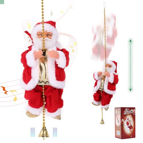 Pere Noel Grimpeur Électrique sur Corde-Figurines Animées de Père Noël en Peluche Musicales et Mouvantes pour Décoration de