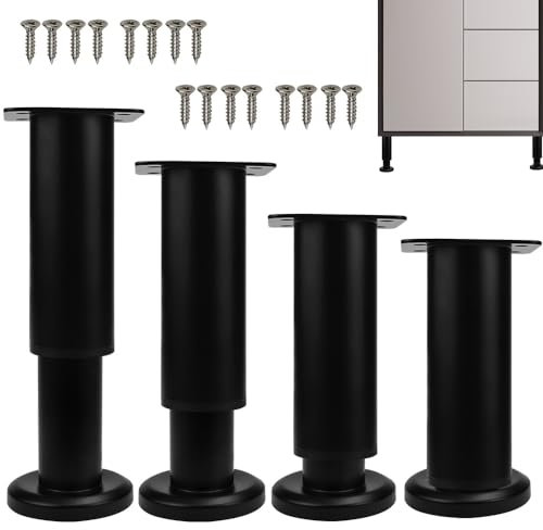 SLTAXAR 4 PCS Pies Ajustables para Muebles 12-18CM, Patas Extensibles, Patas Negras Patas para Muebles Regulables con 16 Tornillos para Armarios Mesillas de Noche Camas Escritorios Cómoda Estantería