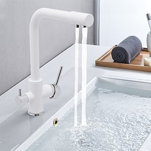 Grifo de cocina, grifo de agua potable de 3 vías, giratorio 360°, grifo de cocina, filtro de agua, grifo de fregadero, grifo mezclador, grifo de lavabo, color blanco/dorado (blanco)