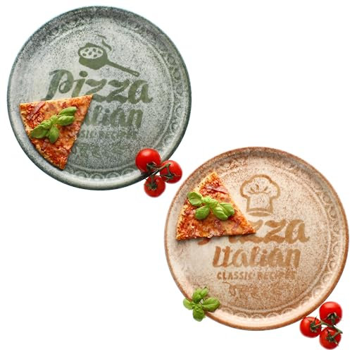 MamboCat 2er Set Pizzateller Creme & grün I Ø 33 cm I für 2 Personen I große Pizzateller aus Porzellan mit Dekor & Schrift I für Pizzen oder zum Anrichten I XL-Speiseteller, Servierplatte