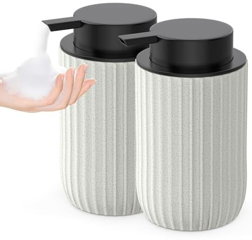 POSOSTO Ceramic Foaming Hand Soap Dispenser，12 oz Bathroom Soap Dispensers， Lotion Dispenser for Kitchen, Refillable Matte Streaks Soap Dispenser with Large Pump (Beige-2Pack)