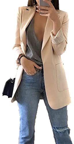 YMING Mujer Blazer Largo Ligero Informal para Oficina con Frente Abierto para Trabajo Negocios Chaqueta Color Albaricoque XL
