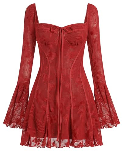 IBAKOM Mini Robe Sexy pour Femmes Vintage Longue à Manches Cloche, Corset Fleurie à Volants en Dentelle A Line Flowy Rouge M