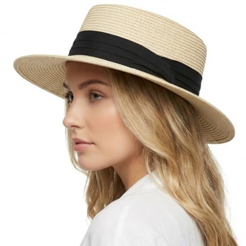HIQIU Unisex Panamahatt stor halm solhatt med brett brätte för män och kvinnor solskydd platt topp stråhatt sommarhatt strandhatt, beige hatt med svart band, 56-58