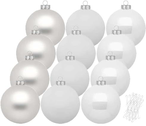 Inge Glas große Weihnachtskugeln mit Haken | Christbaumkugeln aus Glas | Set 12 Kugeln 8cm groß und 40 Aufhänger | Christbaumschmuck Weihnachtsbaumkugeln (Just White)