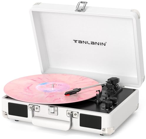 Tourne-disque vintage en forme de valise – Tourne-disque LP à 3 vitesses avec entraînement par courroie, lecteur vinyle Bluetooth, haut-parleurs intégrés, arrêt automatique, contrôle des basses