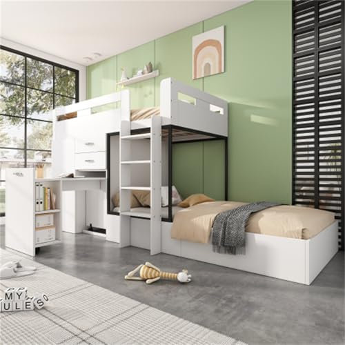 Litera 90x200 cm con Escritorio y Armario Cama Alta con cajón Estantes Escaleras Gran Espacio de Almacenamiento Cuna Cama Juvenil Sin colchón Cama de Invitados Blanco