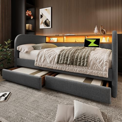 ANIROY Polsterbett, Tagesbett, Schlafsofa mit LED und USB-C Ladefunktion, Daybett mit 2 Schubladen und Stauraum-Kopfteil, Leinen, 140 x 190 cm (Ohne Matratze)