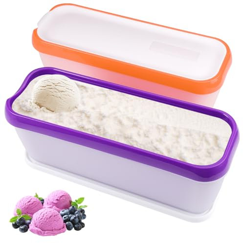 Lot de 2 Bac a Glace Maison 1,5 L,Bacs à Glace pour Crème Glacée avec Couvercle,Incassable & Antidérapant,Récipient à Glace pour Glace Maison, Yaourt, Glace Aux Fruits, Milk-shakes,Orange & Violet
