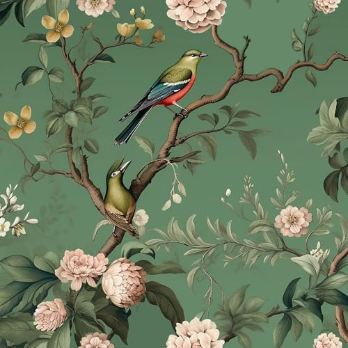 VEELIKE Tapete Blumen Vogel Salbeigrün Vintage Blumentapete Grün Mustertapete 44.5cm × 300cm Chinoiserie Tapete Vogel Fototapete Schlafzimmer Badezimmer Wand Dekoration Abnehmbare Mieterfreundliche