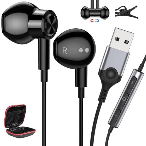 AIAUXAI USB Earbuds Headphones with Microphone for Computer PC | .5Ft Long Cord USB-A Headphones Corded Magnetic in-Ear Earphones for HP/Dell/Surface laptop Work Business Office Zoom