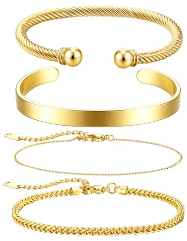 JeweBella 4 Stück Armband Herren Silber/Gold/Schwarz Edelstahl Offene Manschette Armband Kette Armband Set Stapelbare Armreif Herren Schmuck