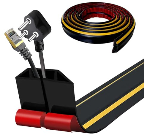 Passacavi piatto adesivo | Copricavi flessibile per plafoniere e pavimento | Canalina per cavi in PVC | Gestione cavi in ufficio e appartamento (nero giallo, 4 cm x 1 m)