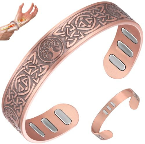 Vicmag Bracelet en cuivre magnétique pour homme, ultra rigide, en cuivre 99,99% pur, taille réglable, avec emballage cadeau