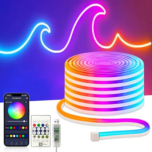 ezmyma Neon LED Streifen 10M, 5v USB RGBIC Neon LED Strip,Flexibel Led Strips Control via App/Fernbedienung,Wasserdicht,Flexibel,Music Sync,Schlafzimmer,Küche,Wohnzimmer,Party