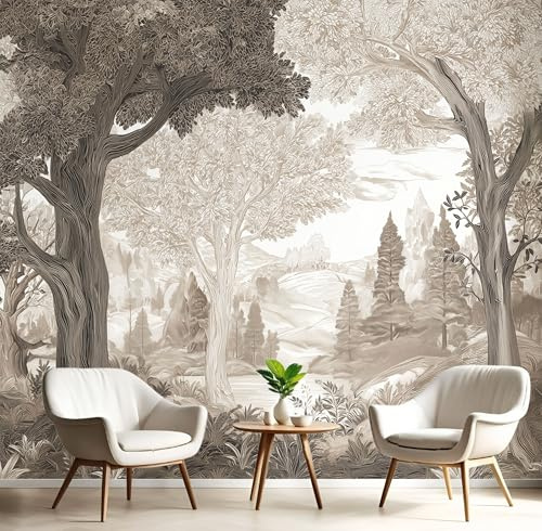JEDTAKCT Papel Pintado Pared Panorámico Bosque Pintado A Mano Seda, 250X175Cm, Paisaje Nórdico Sepia, Póster Gigante De Pared Personalizado 3D Para Salón Dormitorio Fotomurales Decoración