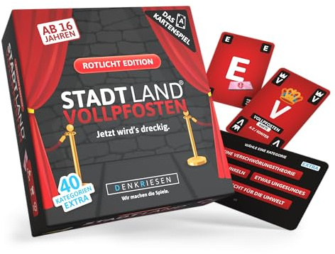 DENKRIESEN Bonuspack Stadt Land VOLLPFOSTEN Kartenspiel Rotlicht Edition | 240 Kategorien für 3–6 Spieler ab 16 Jahren, Reise- und Partyspiel für Erwachsene mit kreativen Rotlicht-Kategorien.