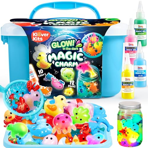 Klever Kits Kit de gel d'eau phosphorescent, Kit de jouets magiques Fairy Water Pets avec 10 gels (7 gels phosphorescents), 12 moules, bouteille de conservation, kits d'artisanat DIY STEM, arts et